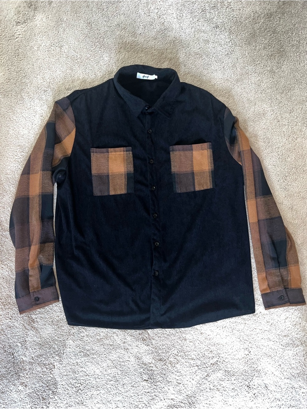 Black Button-Up Shirt with Brown Plaid Sleeves and Pockets